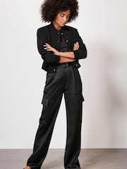 Mint Velvet Black Satin Cargo Trousers - Image 1 of 8