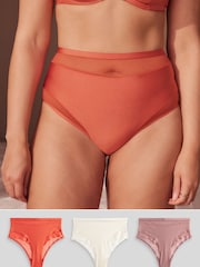 Rust/Cream/Neutral Mesh Trim High Waist High Leg Knickers 3 Pack - Image 1 of 11