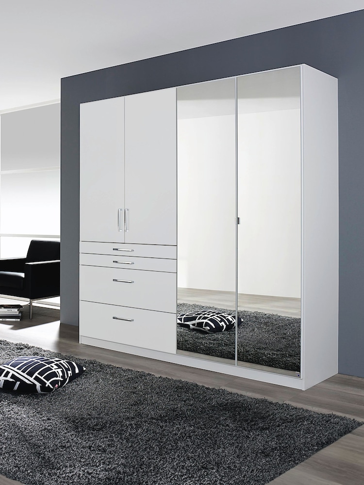 Rauch Alpine White Harburg Wood and Mirror 4 Door Semi Fitted Wardrobe - Image 1 of 4