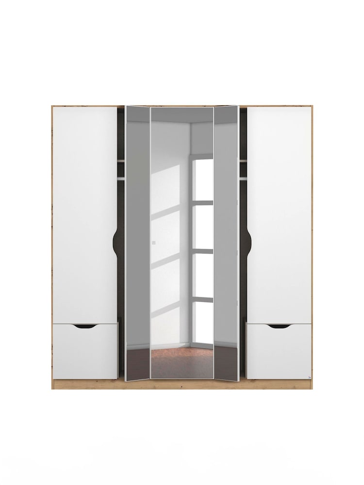 Rauch White/Oak Balance 5 Door 2 Drawer Wood and Mirror Semi Fitted Wardrobe - Image 2 of 6