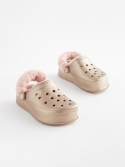 Rose Gold Metallic Faux Fur Lined Chunky Clog Slippers - Image 1 of 5