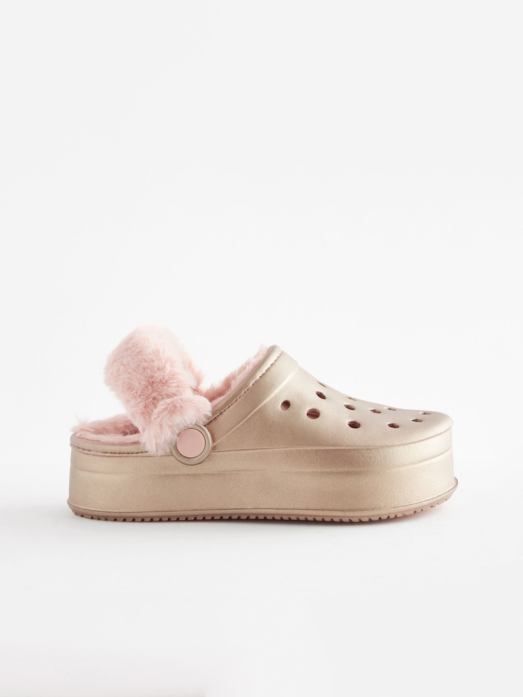 Rose Gold Metallic Faux Fur Lined Chunky Clog Slippers - Image 2 of 5