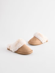 Tan Brown Faux Faur Lined Mule Slippers - Image 1 of 6
