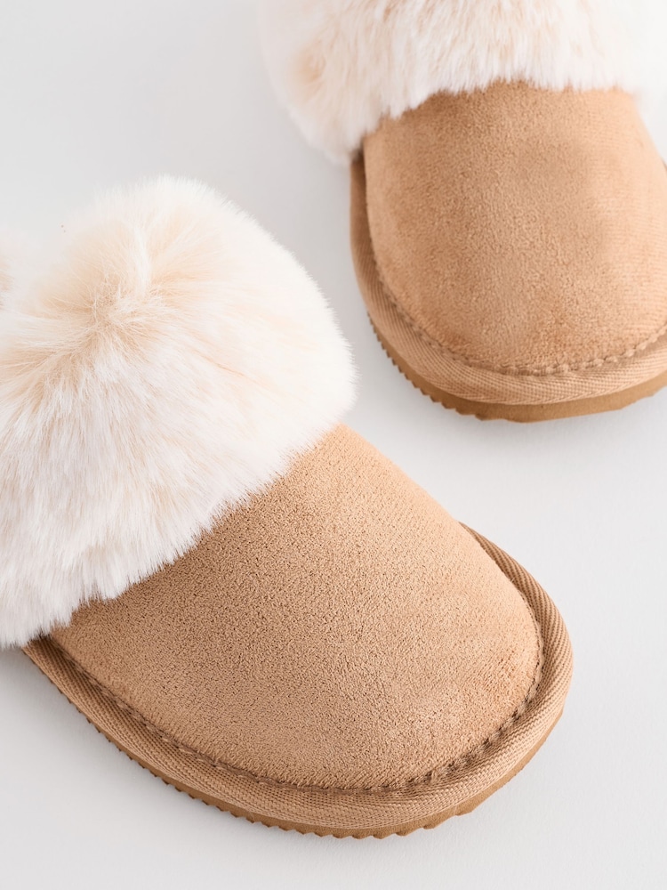 Tan Brown Faux Faur Lined Mule Slippers - Image 6 of 6