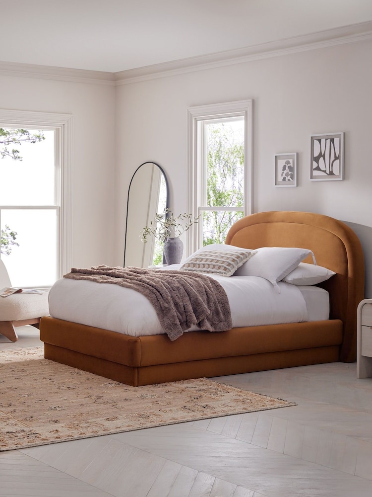 Soft Velvet Caramel Arlo Upholstered Ottoman Storage Bed Frame - Image 1 of 9