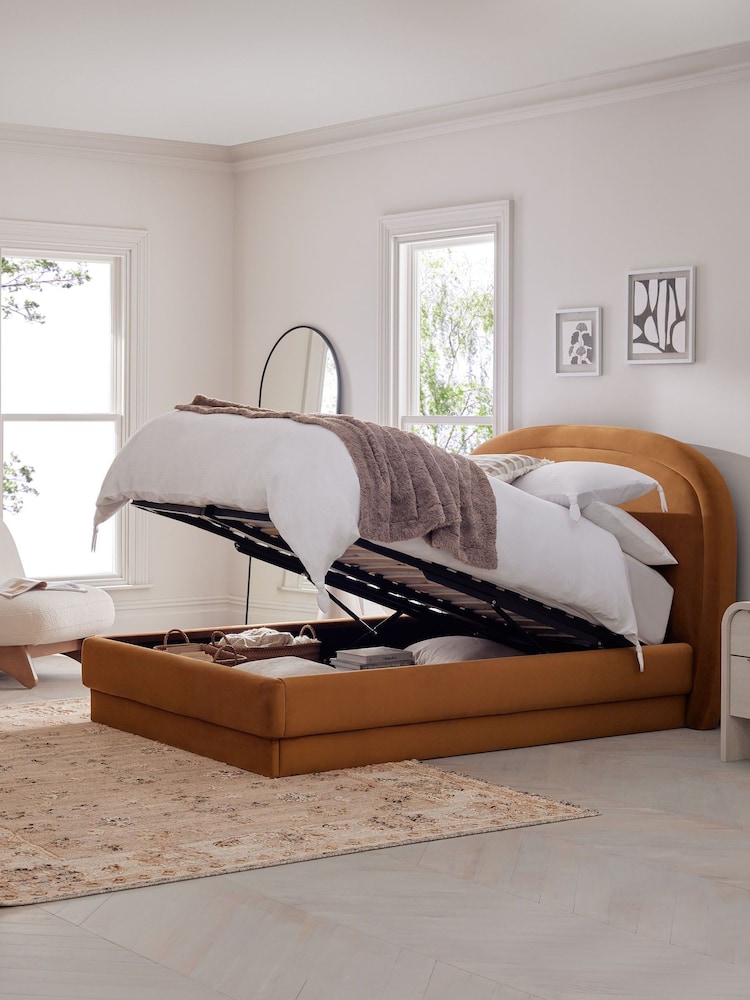 Soft Velvet Caramel Arlo Upholstered Ottoman Storage Bed Frame - Image 2 of 9