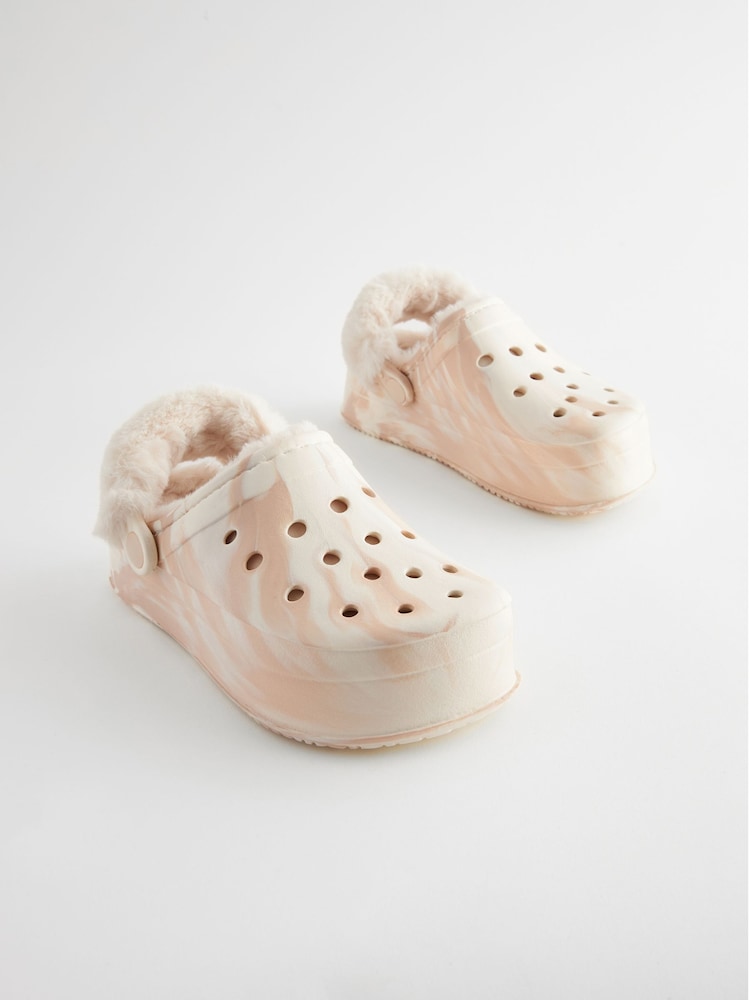 White Brown Marble - Faux Fur Lined Chunky Clog Slippers - Изображение 1 из 5