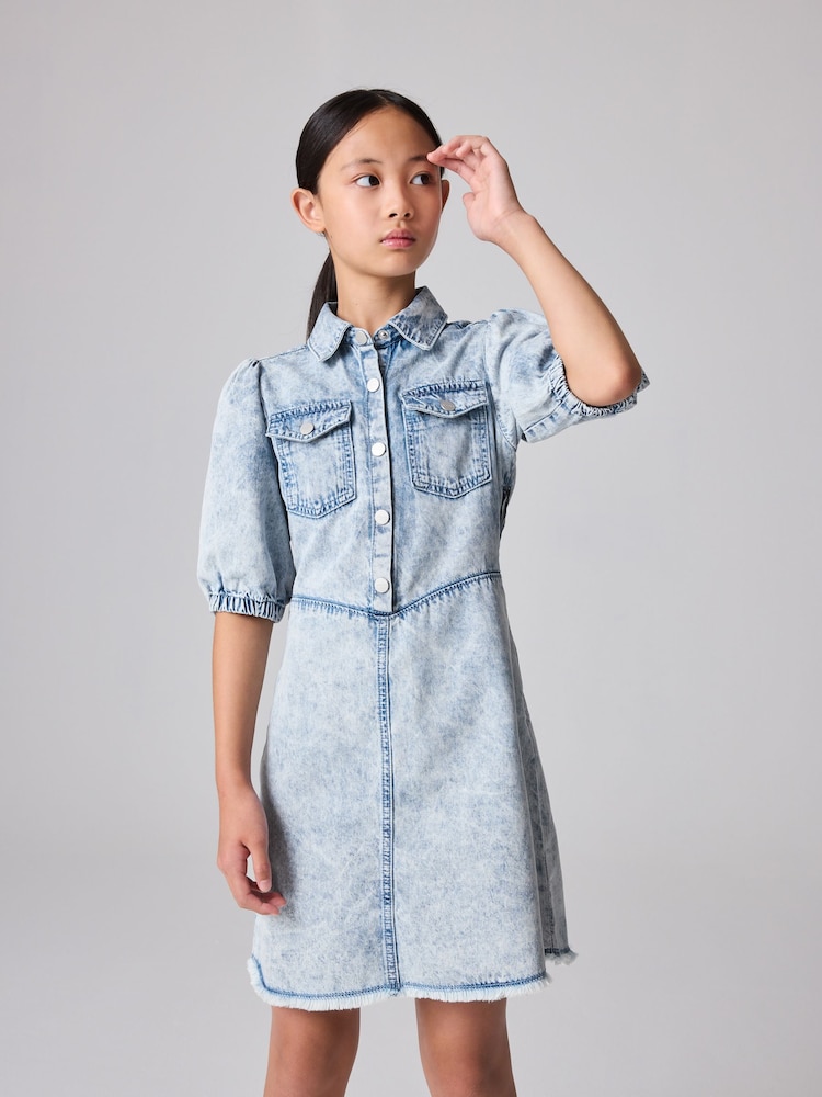 smALLSAINTS Blue Denim Print Girls Jackie Puff Sleeved Denim Dress - Image 1 of 7