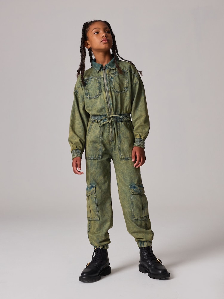 smALLSAINTS Khaki Green Girls Charli Washed Denim Cargo Jumpsuit - Image 1 of 12 smALLSAINTS Khaki Green Girls Charli Washed Denim Cargo Jumpsuit - Image 1 of 12
