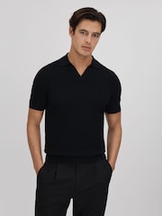 Reiss Black Mickey Textured Modal Blend Open Collar Shirt - Image 1 of 6