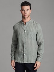 Reiss Sage Stripe Ocean Linen Grandad Collar Shirt - Image 1 of 5