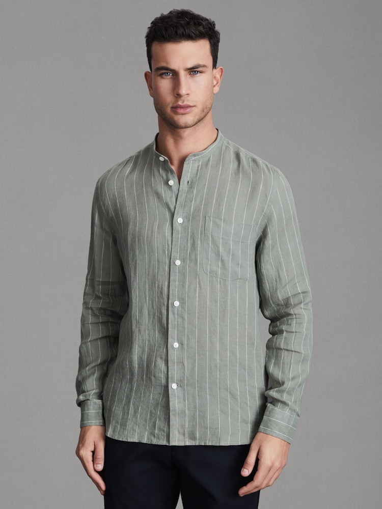Reiss Sage Stripe Ocean Linen Grandad Collar Shirt - Image 1 of 5