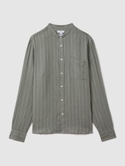 Reiss Sage Stripe Ocean Linen Grandad Collar Shirt - Image 2 of 5
