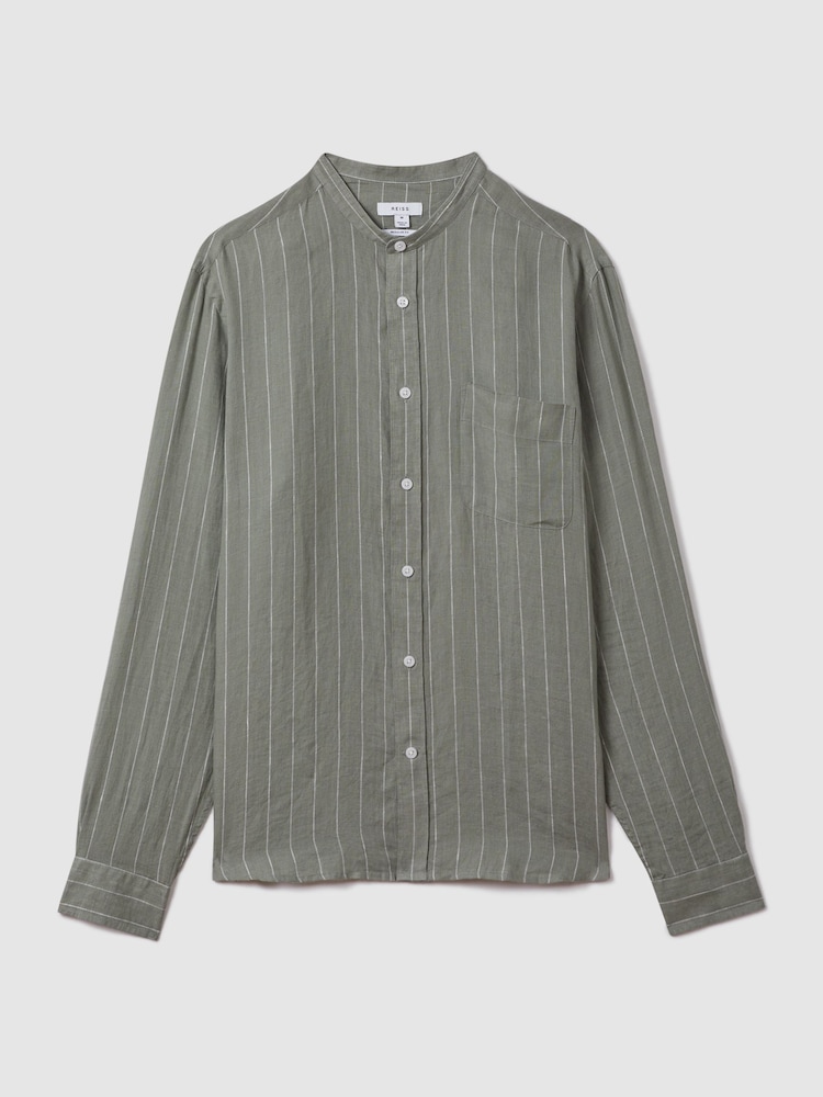 Reiss Sage Stripe Ocean Linen Grandad Collar Shirt - Image 2 of 5
