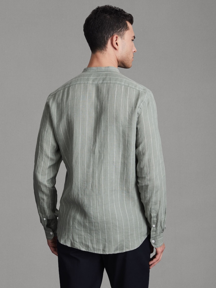 Reiss Sage Stripe Ocean Linen Grandad Collar Shirt - Image 5 of 5