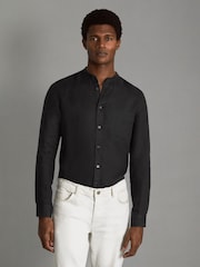 Reiss Black Ocean Linen Grandad Collar Shirt - Image 1 of 6