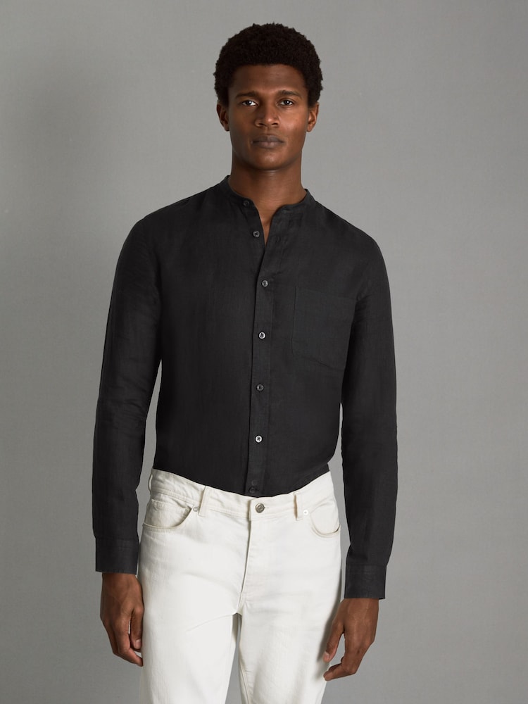 Reiss Black Ocean Linen Grandad Collar Shirt - Image 1 of 6