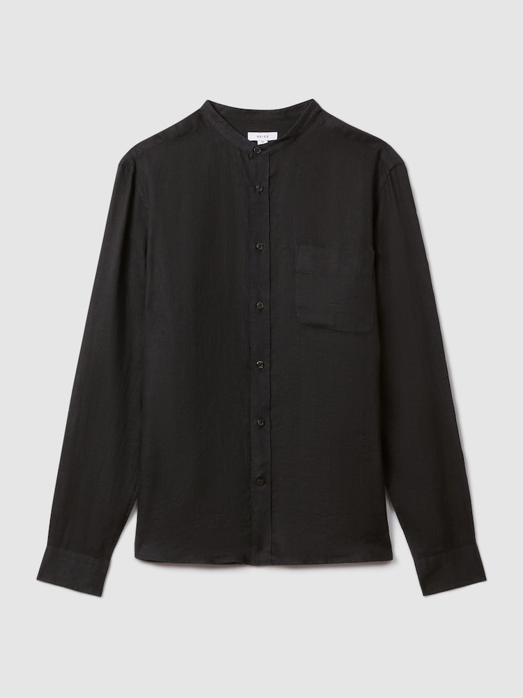 Reiss Black Ocean Linen Grandad Collar Shirt - Image 2 of 6