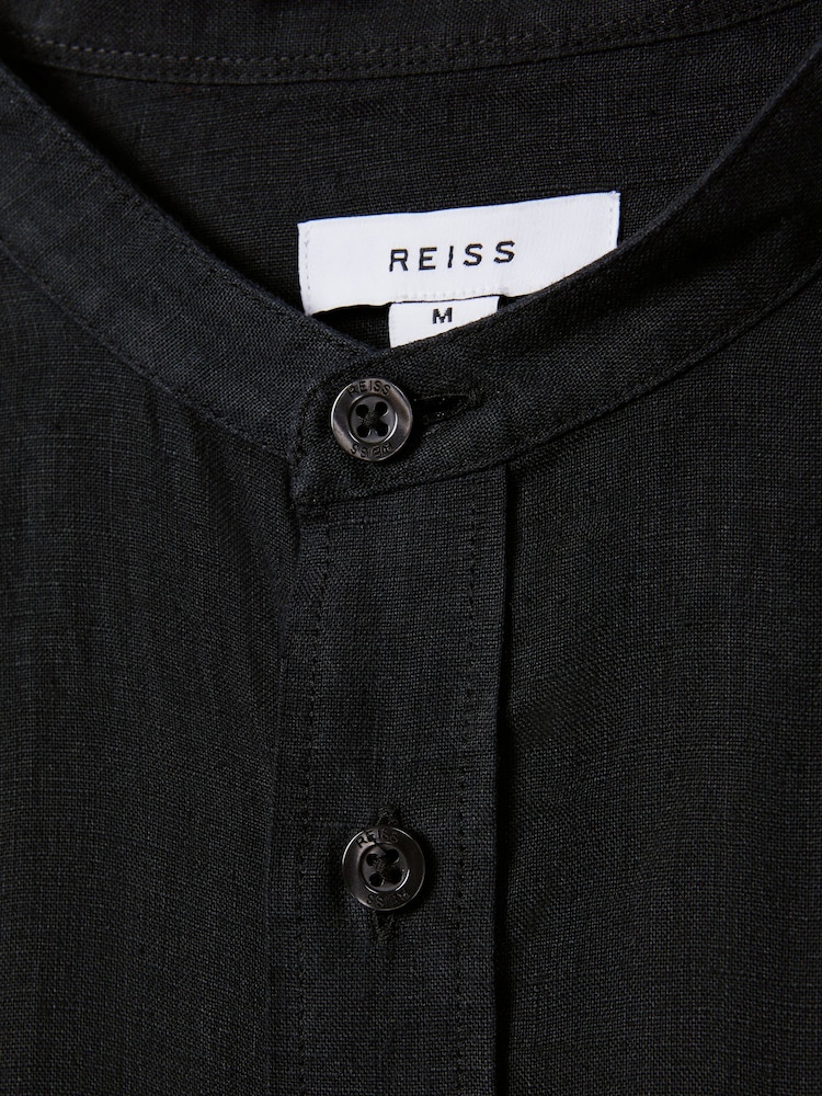 Reiss Black Ocean Linen Grandad Collar Shirt - Image 6 of 6
