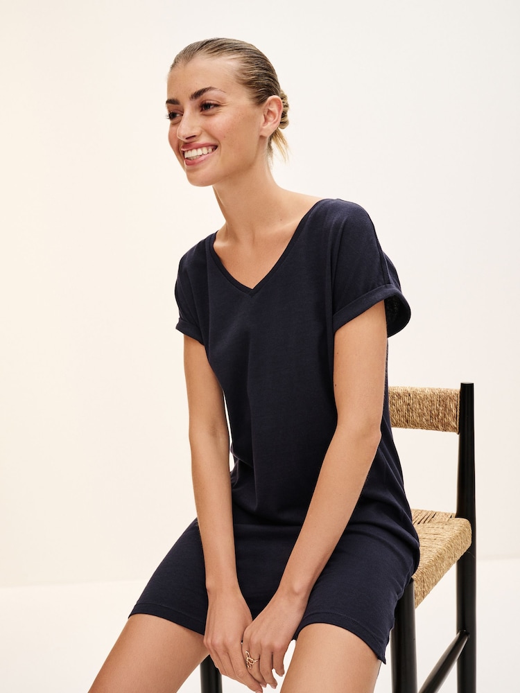 Navy 100% Cotton Relaxed V-Neck Capped Sleeve Tunic Dress - Image 1 of 5