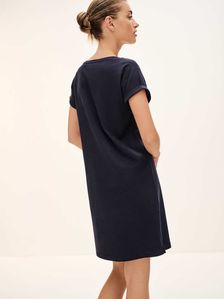 Navy 100% Cotton Relaxed V-Neck Capped Sleeve Tunic Dress - Image 2 of 5