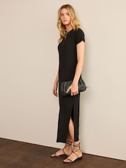 Black Ribbed T-Shirt Style Column Maxi Dress With Slit Detail - Image 3 of 6