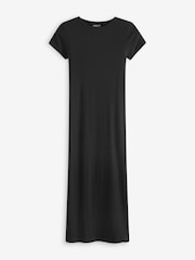 Black Ribbed T-Shirt Style Column Maxi Dress With Slit Detail - Image 5 of 6