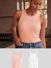 Orange Stripe/White High Neck Ribbed Racer Vest Tops 2 Pack - Image 1 of 10