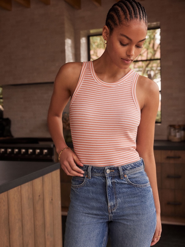 Orange Stripe/White High Neck Ribbed Racer Vest Tops 2 Pack - Image 2 of 10