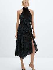 Mango Halterneck Polka Dot Velvet Dress - Image 1 of 6