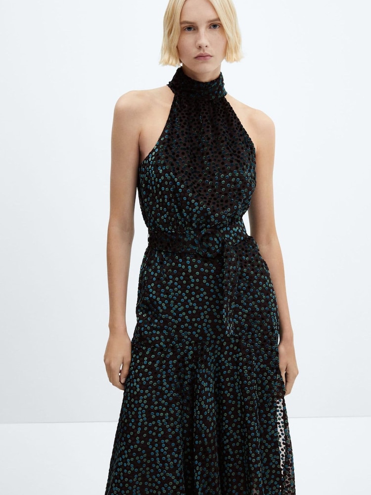 Mango Halterneck Polka Dot Velvet Dress - Image 2 of 6
