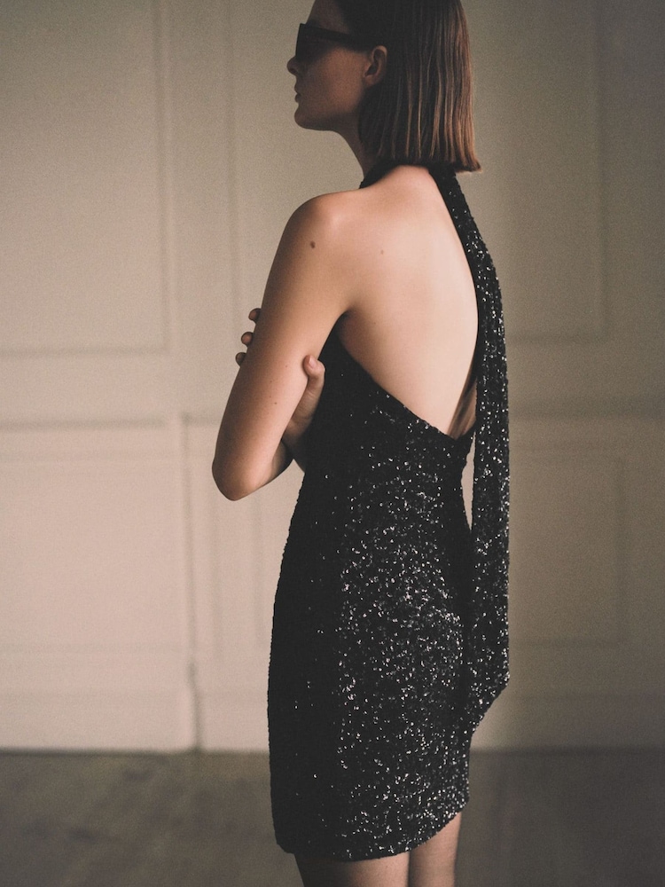 Mango Sequined Halter-Neck Mini Dress - Image 2 of 7