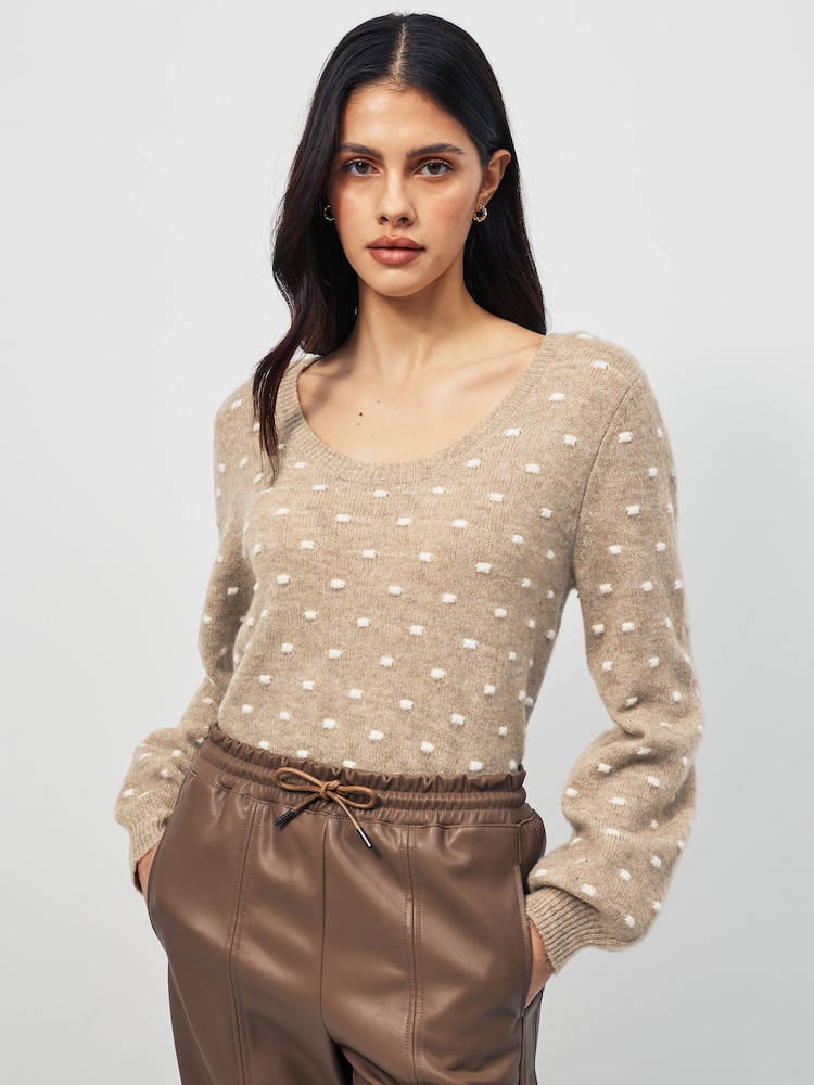 PIECES Cream Long Sleeve Textured Polka Dot Jumper - Image 1 of 5 PIECES Cream Long Sleeve Textured Polka Dot Jumper - Image 1 of 5