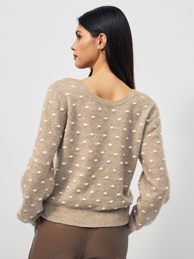 PIECES Cream Long Sleeve Textured Polka Dot Jumper - Image 2 of 5 PIECES Cream Long Sleeve Textured Polka Dot Jumper - Image 2 of 5
