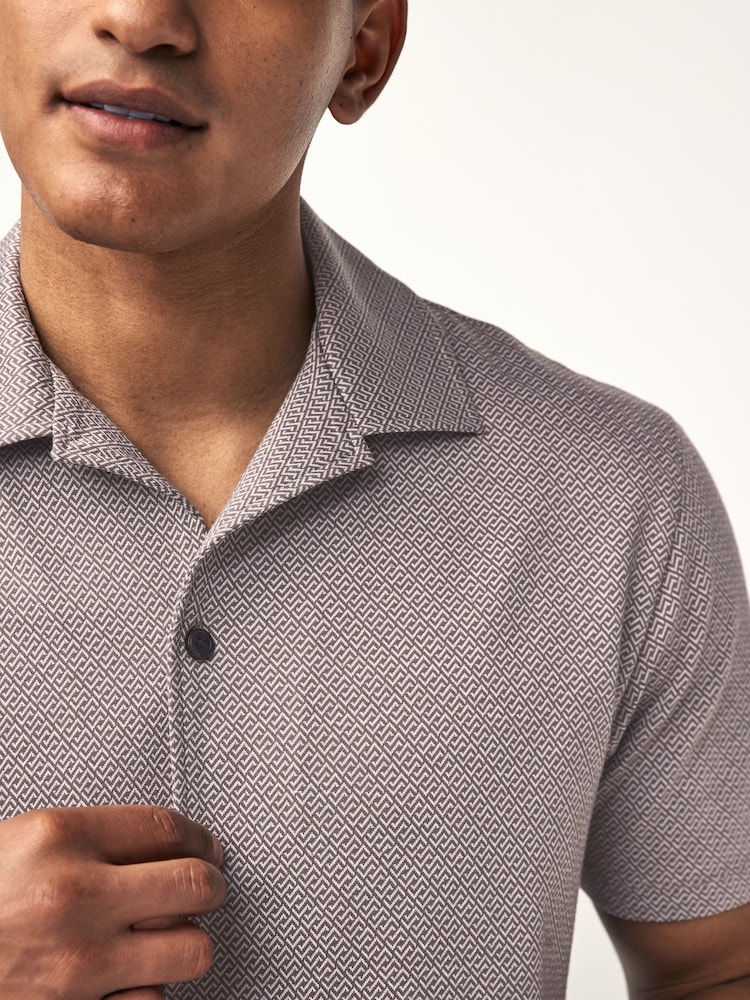 Neutral Geo Cuban Collar Textured Jersey Short Sleeve 100% Cotton Shirt - Image 1 of 7