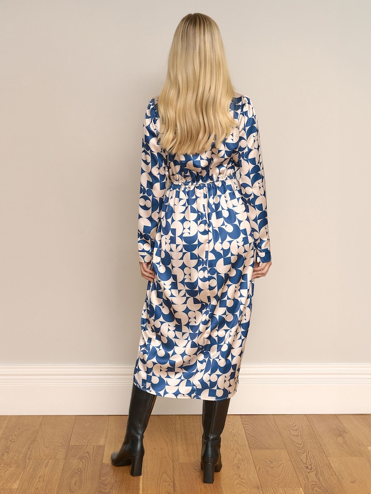 Society 8 Everlyn Blue Puzzle Print Satin Wrap Dress - Image 2 of 4