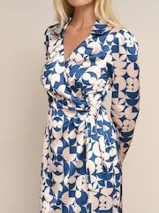 Society 8 Everlyn Blue Puzzle Print Satin Wrap Dress - Image 4 of 4