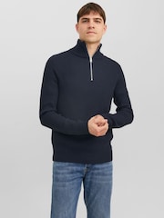 JACK & JONES Blue 1/4 Zip Up Knitted Jumper - Image 1 of 6