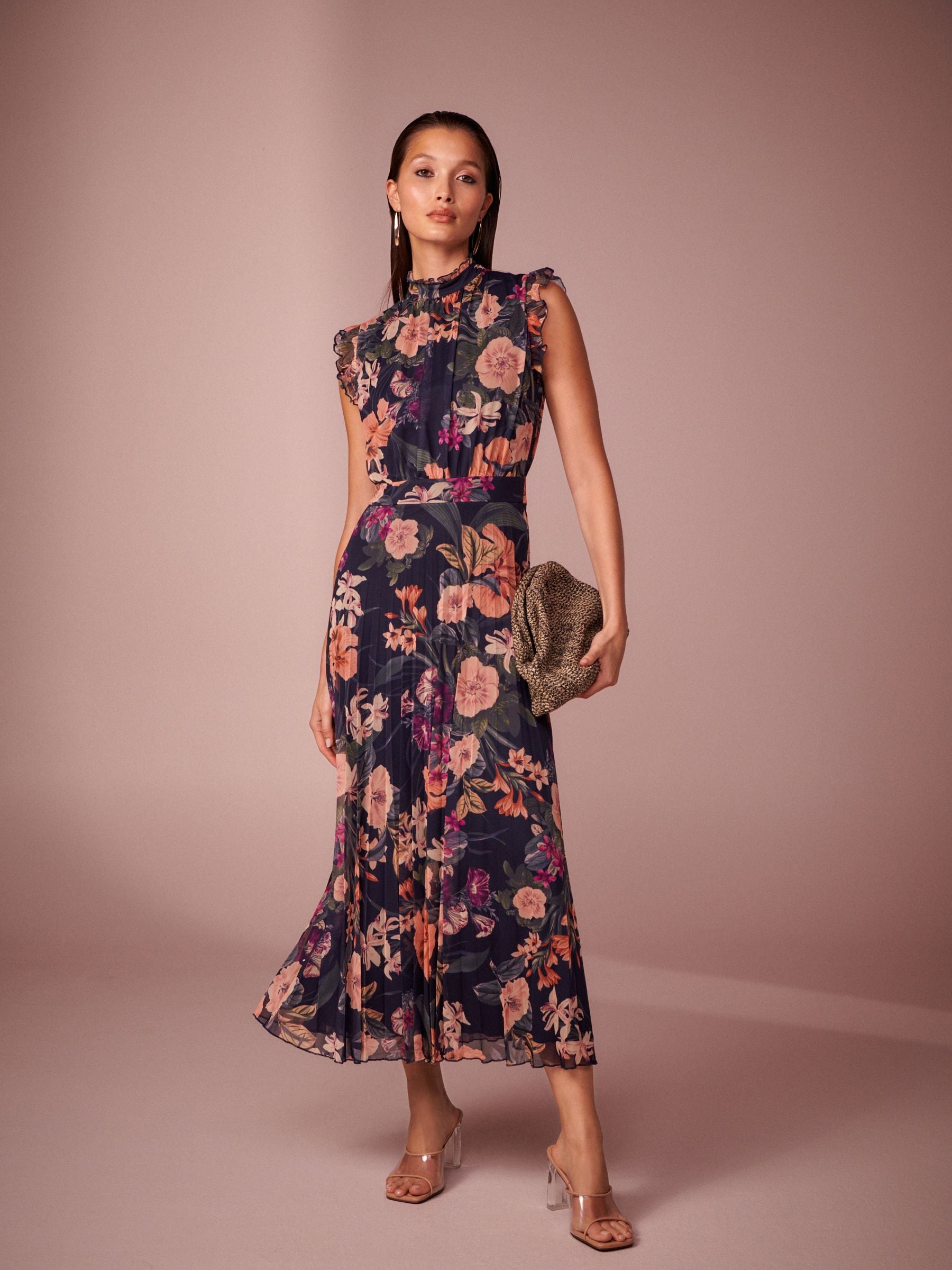 Buy Navy Floral Print Pleated Mesh Floral Occasion Midi Dress from Next USA