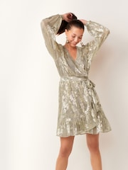 Silver Metallic Mini Wrap Ruffle Dress - Image 2 of 6