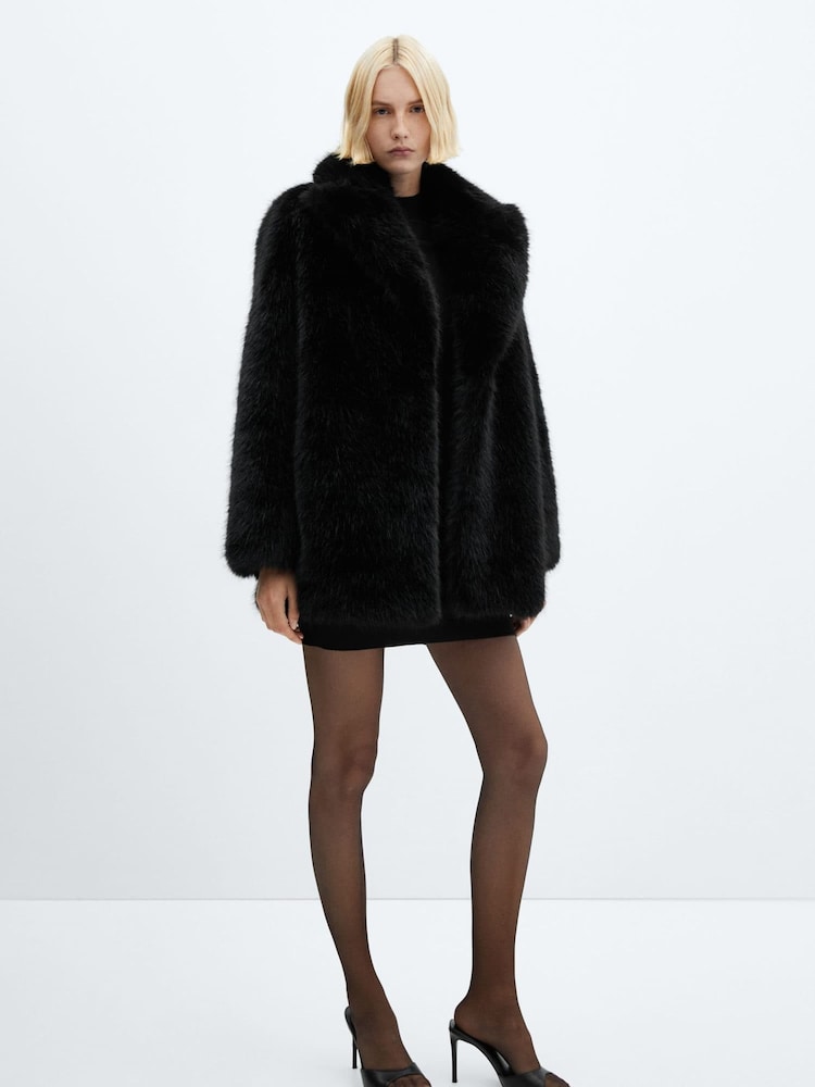 Mango Black Lapels Faux Fur Coat With Collar - Image 1 of 6