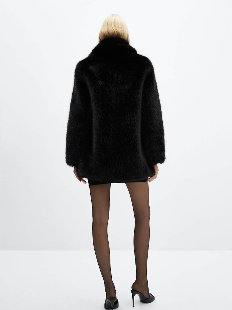 Mango Black Lapels Faux Fur Coat With Collar - Image 2 of 6