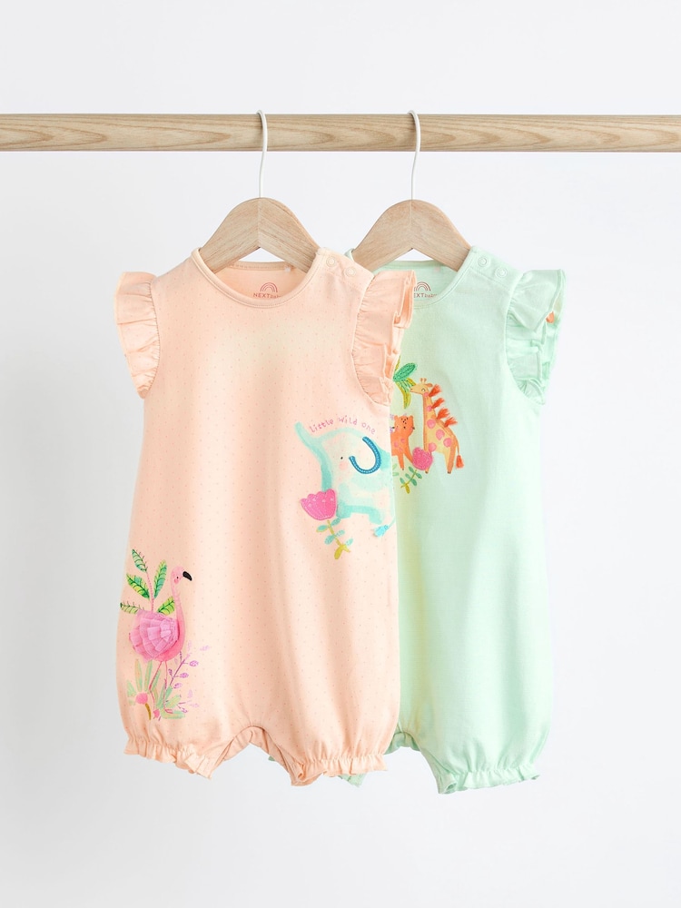 Pastel Pink/ Blue Animal 100% Cotton Baby Rompers 2 Pack - Image 1 of 7