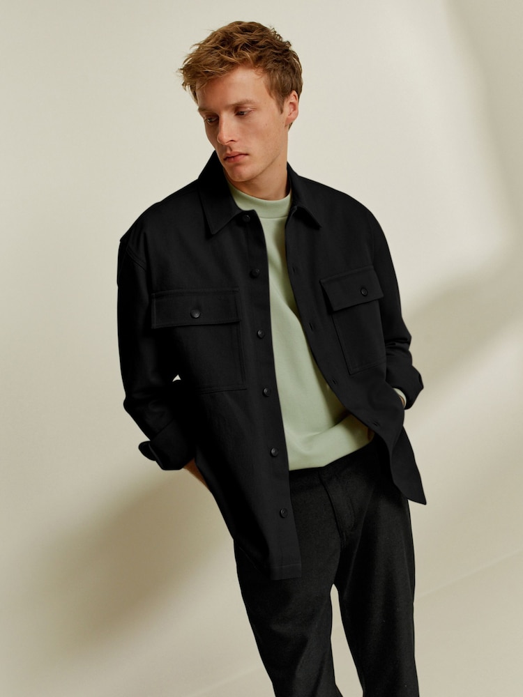 Black Twin Pocket Cotton Shacket Overshirt - Image 1 of 9