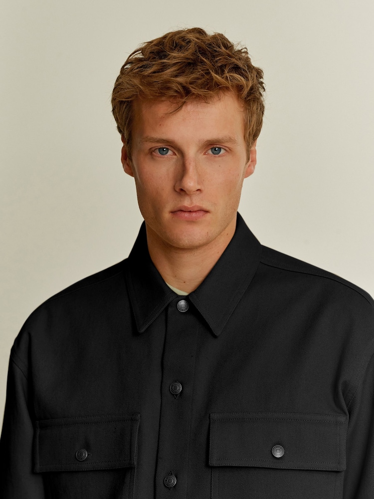 Black Twin Pocket Cotton Shacket Overshirt - Image 4 of 9