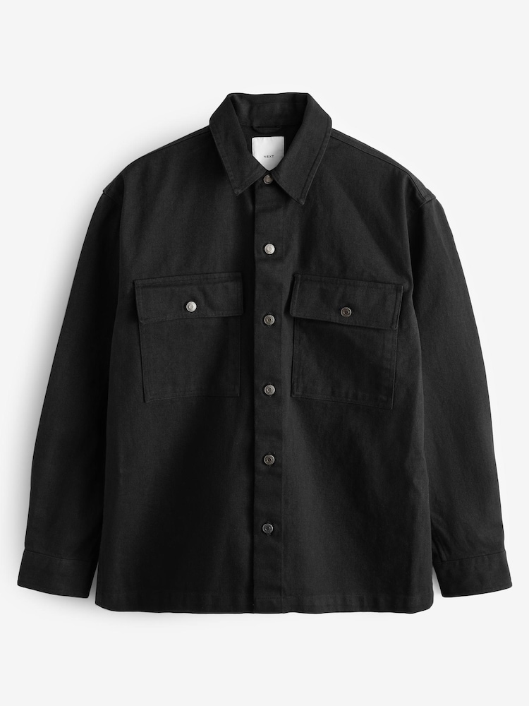 Black Twin Pocket Cotton Shacket Overshirt - Image 7 of 9