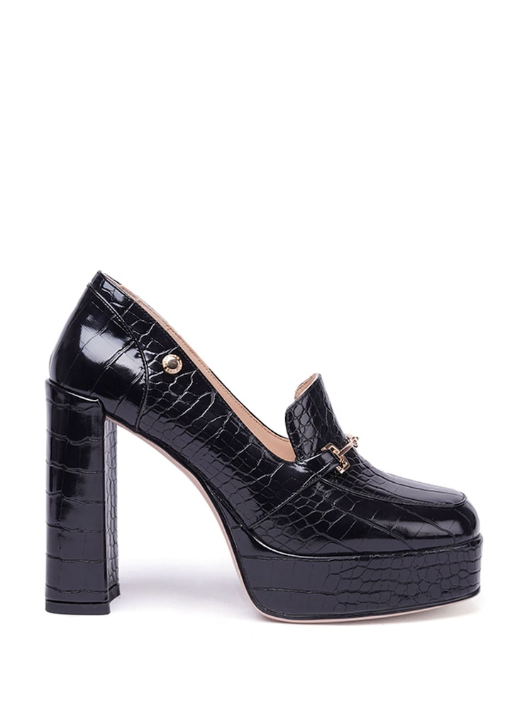 Nine West Womens  'Tamika' Croc Effect Block Heel Platform Black Loafers - Image 1 of 2
