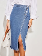 Lipsy Mid Wash Blue Denim Asymmetric Button Midi Skirt - Image 1 of 4