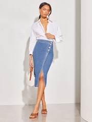 Lipsy Mid Wash Blue Denim Asymmetric Button Midi Skirt - Image 2 of 4