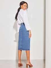 Lipsy Mid Wash Blue Denim Asymmetric Button Midi Skirt - Image 3 of 4
